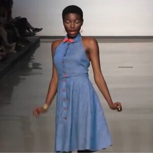 Annie50 Linen Chambray Button Front Halter Midi Dress